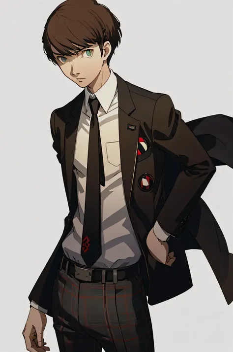 (masterpiece:1.2, best quality), 1boy, solo, upper body, portrait, green eyes, wearing a shujin academy uniform with a black bla...