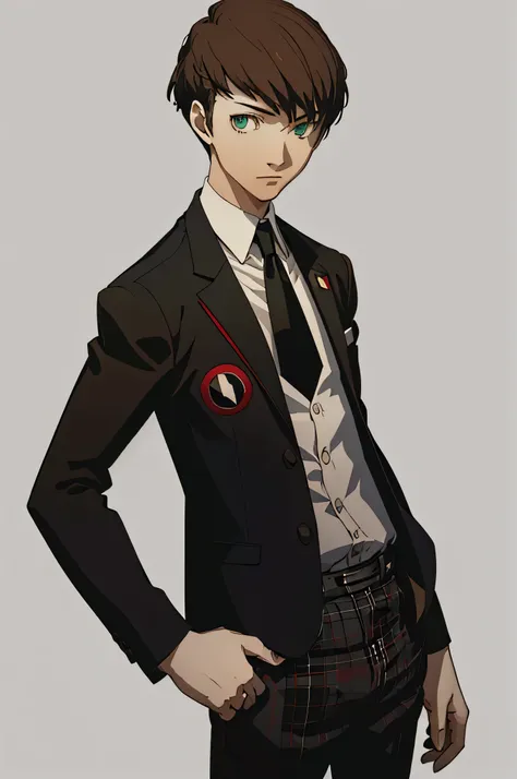 (masterpiece:1.2, best quality), 1boy, solo, upper body, portrait, green eyes, wearing a shujin academy uniform with a black bla...