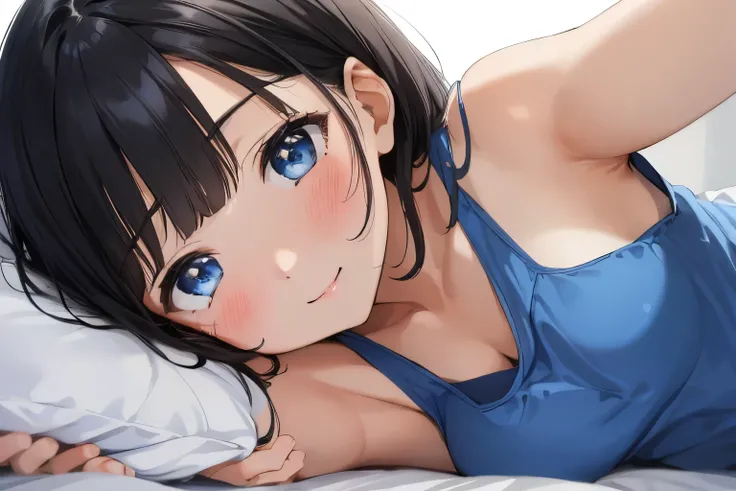 Masterpiece、highest quality、1 female、Super detailed　Black Hair、bangs　Blue Eyes、Detailed depiction of the eyes　Smiling、blush　Tank top　Face is close、Facial Close-up、Bring your face closer　Sheetsに横になる、Spread your shoulders、Put your hand here、Spread your arms　...