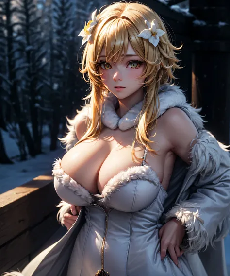 (best quality,4k,8k,highres,masterpiece:1.2), ultra-detailed, (realistic,photorealistic,photo-realistic:1.37), ((gigantic breasts:1.2)), snowy road background, illustration, vivid colors, portraits, studio lighting,physically-based rendering, cynical light...