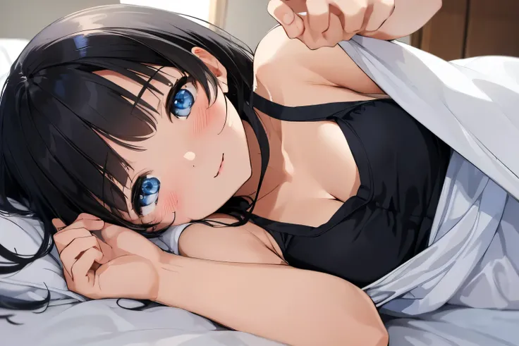 Masterpiece、highest quality、1 female、Super detailed Black Hair、bangs Blue Eyes、Detailed depiction of the eyes Smiling、blush Tank top Face is close、Facial Close-up、Bring your face closer Sheetsに横になる、Spread your shoulders、Put your hand here、Spread your arms ...
