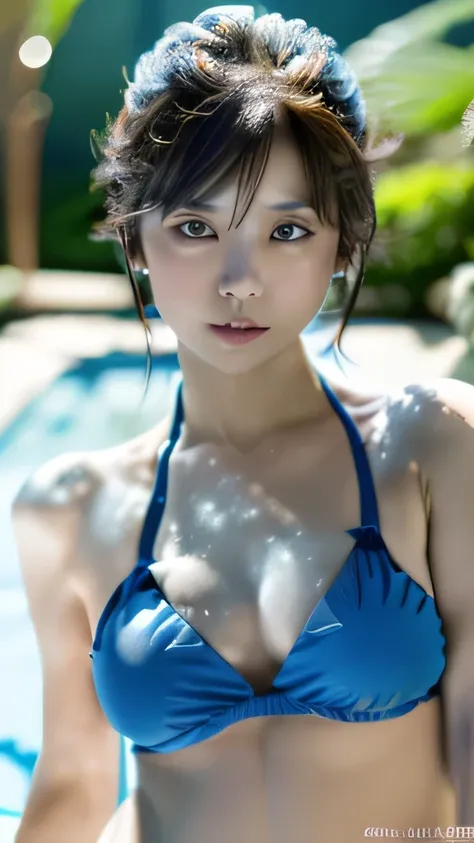 two person,pool side,(8k, RAW photo, best quality, masterpiece:1.2), (realistic, photo-realistic:1.4), (extremely detailed 8k wallpaper), sharp focus, depth of field, blur background, bokeh,natural light,,japanese woman,short hair,(blue plain bikini: 1.5),...