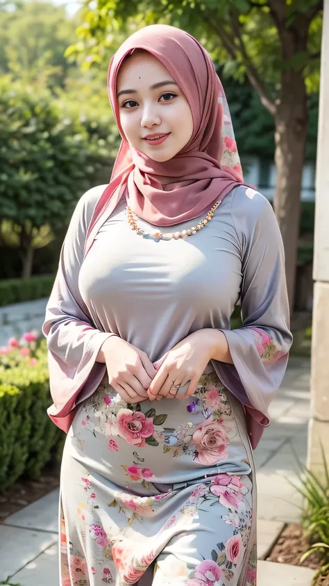 RAW, Best quality, high resolution, Masterpiece: 1.3), Beautiful Malay woman in hijab, Masterpiece, Perfect slim body, ((Big breasts)), Beautiful big eyes, water eyes, Soft smile, ((wearing tight red pastel floral malay gamis with closed hijab)), simple di...