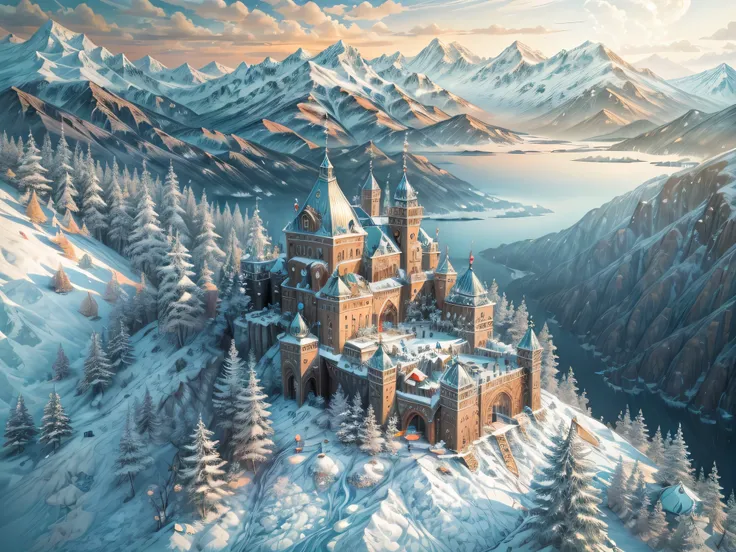 a panoramic award winning photography, photorealistic, extremely detailed of a castle made from (ice: 1.3) made_of_ice standing ...