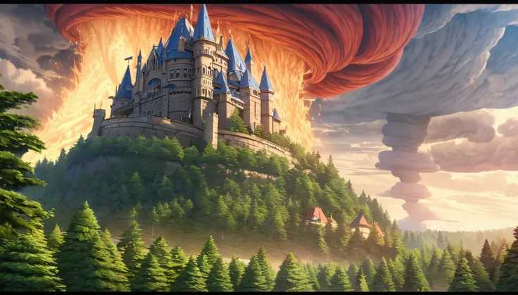  (No People), summer, giant roal fantasy castle with a spherical roof, red, red tiled roof, light yellow brick walls, forest arond the castle, big green trees with beautifl leaves, huge tornado aproching the castle, ice tornado near the castle, anime aeste...