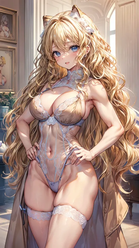 (Adult women:1.5)、Very detailed、highest quality、Best image quality、masterpiece、8k、Anime Face、A kind smile、(Open your mouth:1.3)、Sparkling blue eyes、(Blonde Wavy Hair:1.5)、、Muscles of the whole body、(High leg:1.5)、Thigh belt、(Wearing beige lingerie:1.5)、(Co...