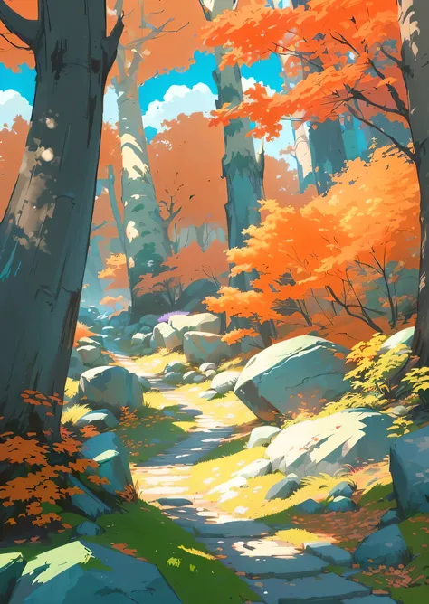 There is a painting，The picture shows a path through the forest，Surrounded by rocks, anime lush john 8k woods, author：sylvain sarrailh, Ross Chen. Landscape Background, low detail. Digital Painting, anime background technology, background technology, kilia...