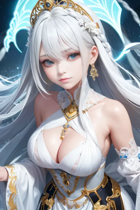 Best quality, masterpiece presentation: A stunning image of a woman with white hair cascading down her shoulders, forming elegant side braids. Her gold eyes, so bright and captivating, gaze upwards, adding a mystical allure to her upper body. The delicate ...