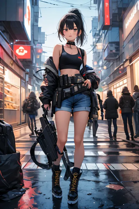 masterpiece, highest quality, One Girl, Medium Long Bob, Ponytail, choker, shirt, Open sweatshirt, Cyberpunk style clothing, Army Boots, Shoulder Holster, Beautiful breasts, finely, Toned legs, A girl standing in the center of town, More backgrounds, gun s...