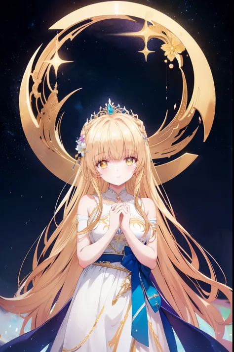 Mahiru shiina, , blonde, (Yellow Eyes:1.3)、Braided long hair,,blush,smile,Beautiful views, Attractive thighs、Beautiful bare legs, Angel wings have grown、//Character
1girl,
BREAK
//Fashions 
Celestial Goddess,
Inspired by the beauty and majesty of the cosmo...