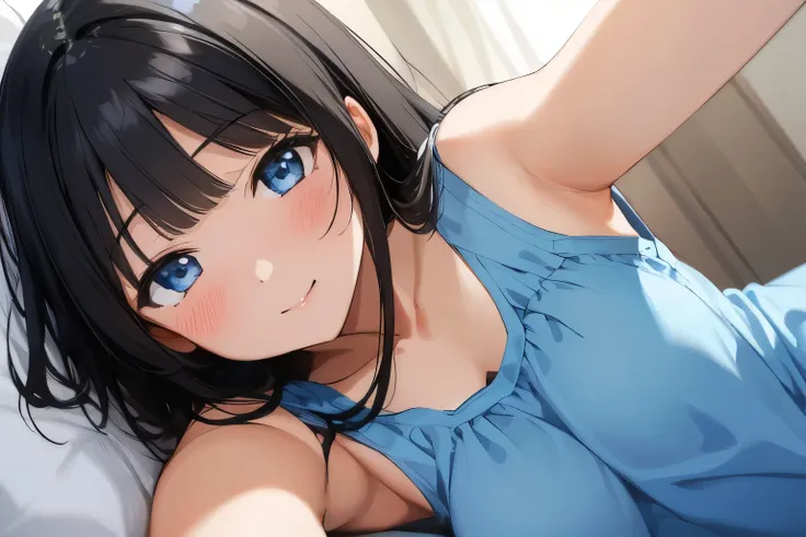 Masterpiece、highest quality、1 female、Super detailed　Black Hair、bangs　Blue Eyes、Detailed depiction of the eyes　Smiling、blush　Tank top　Face is close、Facial Close-up、Bring your face closer　Sheetsに横になる、Spread your shoulders、Put your hand here、Spread your arms　...