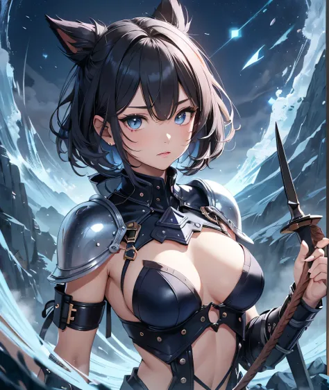 beautiful detailed girl, clear and beautiful, Make the character the main point of view, glowing skin, girls, not, young, 20 years, short hair, shortcut, Short hair, Beautifully detailed glass hair, ((swinging a big sword, battle stance)) ((Steampunk Iron ...