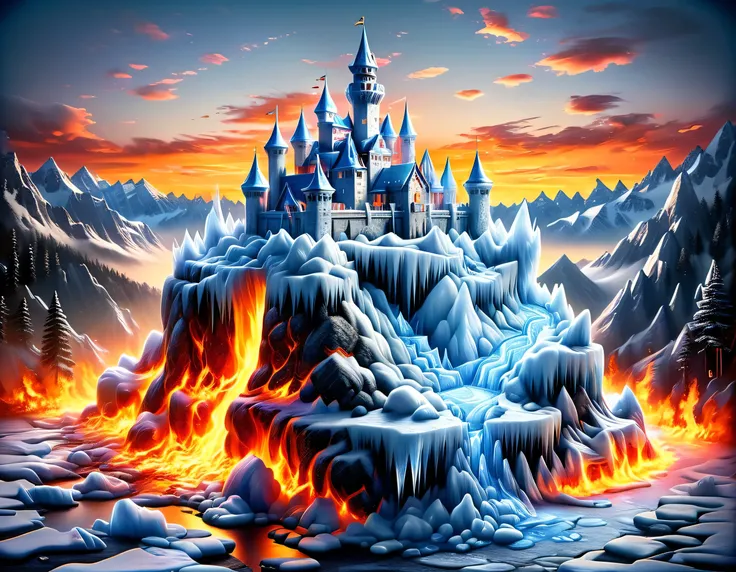 a panoramic award winning photography, photorealistic, extremely detailed of a castle made from (ice: 1.3) made_of_ice standing ...