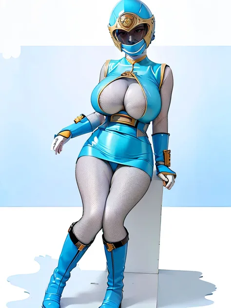 Clothes get torn、((White background、No background))、hurricane blue、ninpuu sentai hurricanger、(Ultra-detailed illustration、Ultra-precision performance、masterpiece、highest quality、超High resolution、High resolution）、tight clothes、(Big Breasts:1.5)、Leg spread、b...