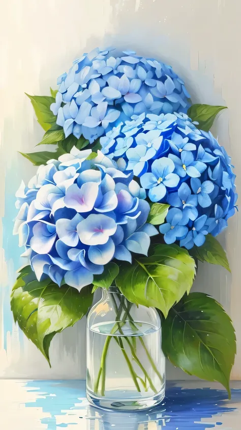 The painting shows a blue fire hydrant in a vase, Hydrangea, HD，Bright colors，More flowers，More leaves