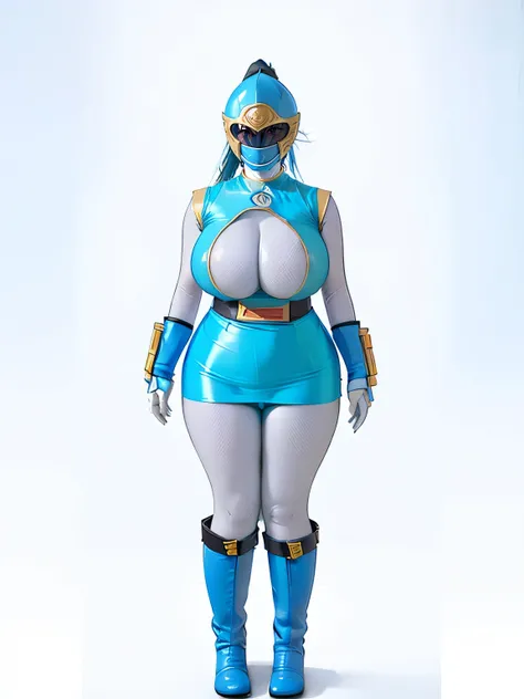 Clothes get torn、((White background、No background))、hurricane blue、ninpuu sentai hurricanger、(Ultra-detailed illustration、Ultra-precision performance、masterpiece、highest quality、超High resolution、High resolution）、tight clothes、(Big Breasts:1.5)、Leg spread、b...