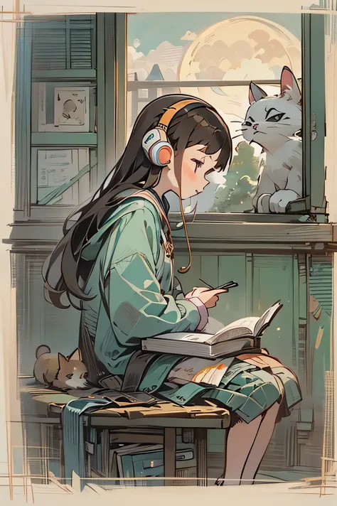 girl reading a book while listening to music with headphones。a cat beside me。i can see the moon from the window。