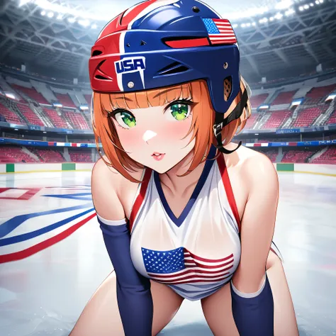 Usa,  ice hockey jersey, hockey helmet,on the ice, hockey stadium, dark orange hair, short hairstyle, sexy pose, usa flags, usa color, green eyes, sexy attire, 1girl, erotic, straight bangs, pink lips