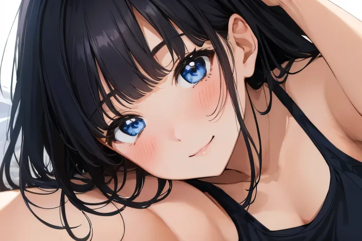Masterpiece、highest quality、1 female、Super detailed Black Hair、bangs Blue Eyes、Detailed depiction of the eyes Smiling、blush Tank top Face is close、Facial Close-up、Bring your face closer Sheetsに横になる、Spread your shoulders、Put your hand here、Put your arms out...
