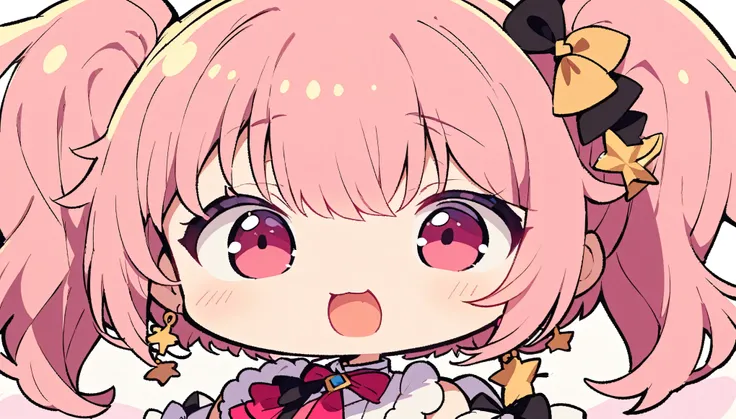 （（Mob Chara））、white、Pink hair、Idol Costumes、（（One character））、whole body、Round face、Big eyes、fluffy(highest quality、masterpiece、High resolution、detailed)、Anime Style、One idol,whole body引き画像