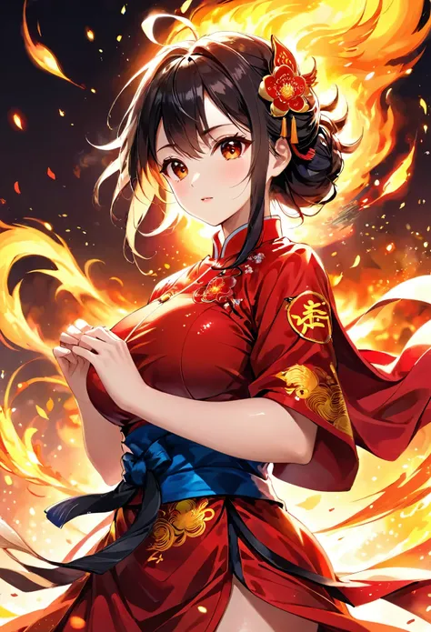 ((highest quality)),(Ultra-high resolution),(Very detailed),(Detailed Description),((The best CG)),(A masterpiece),Ultra-detailed art,Amazing drawing art,(Chinese-style art with exquisite details:1.5), (A woman wearing a Chinese dress:1.6), 
 fire, Big Tit...