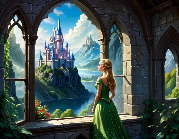 fantasy art, RPG art, a princess looking through her window at a magical castle, a beautiful elven princess looking through her window to see a magical castle, an impressive best detailed castle, with towers, bridges, a moat, standing on top of a mountain ...