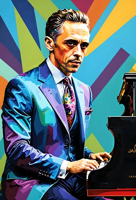 jazz night, painting of a man playing a piano in a colorful suit,  energetic jazz piano portrait, wpap, colourful movie art, ext...