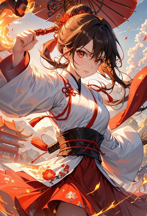 ((highest quality)),(Ultra-high resolution),(Very detailed),(Detailed Description),((The best CG)),(A masterpiece),Ultra-detailed art,Amazing drawing art,(Chinese-style art with exquisite details:1.5), (A woman wearing a Chinese dress:1.6), fire, Big Breas...