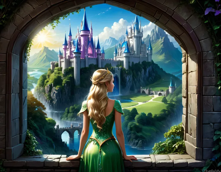 fantasy art, rpg art, a princess looking through her window at a magical castle, a beautiful elven princess looking through her ...