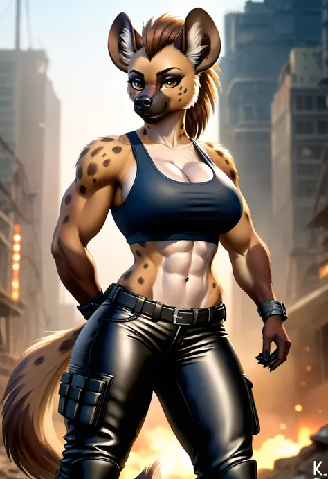 4k highly detailed realistic digital extremely high quality drawing, masterpiece, (by keeltheequine), (uploaded on e621), (a full-body portrait of an anthro hyena girl), ((action pose in a post-apocalyptic wasteland)), ((wearing a tanktop, tight leather pa...