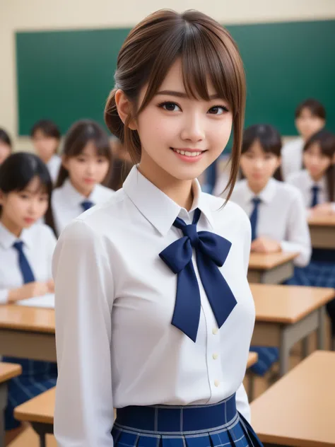 product quality, 1girl, upper body shot, front view, a Japanese young pretty girl, 18 years old, short hair, standing with a big smile in a crowded classroom of a high school, glamorous figure, busty, wearing a white collared shirt of long sleeves, plain d...