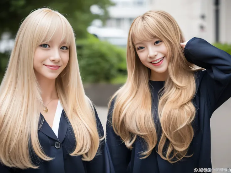 (Above-the-knee shot of two identical twins :1.3)　(The two of them are posing together in a fun-looking way.:2.0)　(They look happy as they look at each other in a busy street in Japan.)　(Their faces are clones　Clothes are random　Hair color is random)　(((Ha...