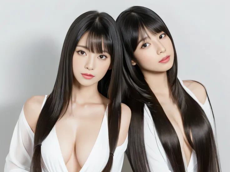 (Two identical twin hair models in the same space, Take the same doggy style pause:1.6)　((Two people taking the same pause on all fours, Shooting from the same angle:2.0))　(The two are identical clones, Wearing the same clothes, Pause, Hairstyle, and appea...