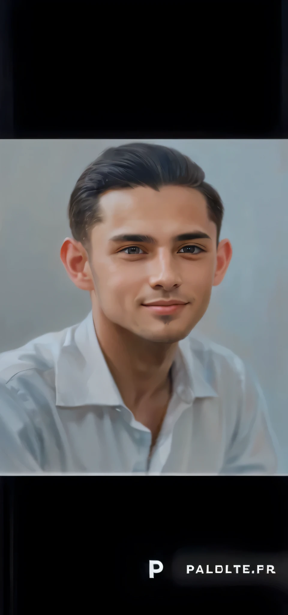 (a man with) beautiful detailed eyes, (a man with) a strong jawline, (a man with) a neatly trimmed beard, (a man with) a charming smile, (a man with) a blue shirt, short hair, (best quality, highres, realistic) portrait painting, (with) vibrant colors, (wi...