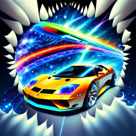 sports car in hyper space flying across a blue rainbow bridge. chronicles of superwisdom movie quality, primordial solar, complete all complex image generations, creation of time, creativity of victory, intellectual quality, chosen everything, completing t...