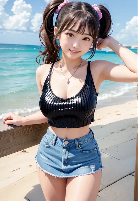 (highest quality,masterpiece:1.3,Ultra-high resolution),(Very detailed、Caustics) (Realistic:1.4, RAW shooting、)Ultra-Realistic Capture、Very detailed、Natural skin texture、masterpiece、(1 Japanese girl wearing a sequin tank top and a mini denim skirt:1.3)、Ado...