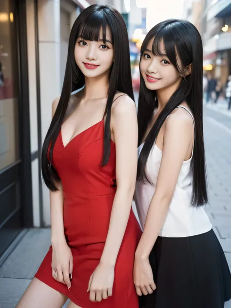 (Above-the-knee shot of two identical twins :1.3)　(The two of them are posing together in a fun-looking way.:2.0)　(They look happy as they look at each other in a busy street in Japan.)　(Their faces are clones　Clothes are random　Hair color is random)　((Bea...