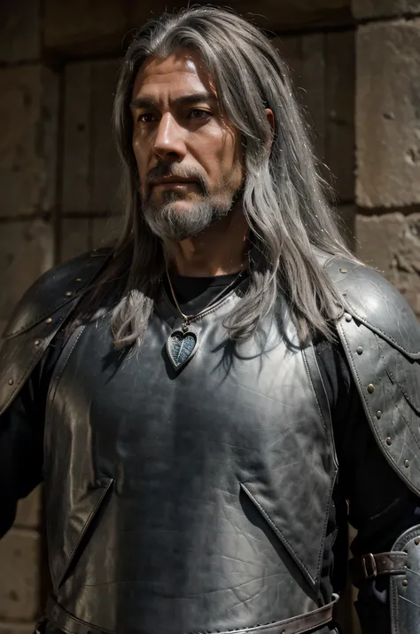 Wizard Gray hair 45 years old No beard Wolf head amulet hanging around neck Black leather armor