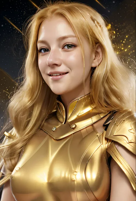 Girl, flowing golden blonde hair, yellow eyes, golden imperial outfit, neckline, anime, the background is a clear sky with twinkling lights, dynamic angle, arrogant laughter