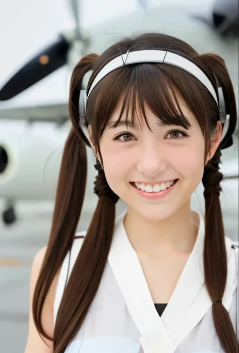 1girl, ryuujou (kancolle), solo, brown hair, twintails, brown eyes, visor cap, magatama, open mouth, aircraft, smile, airplane, white background, japanese clothes, simple background, kariginu, upper body, long hair