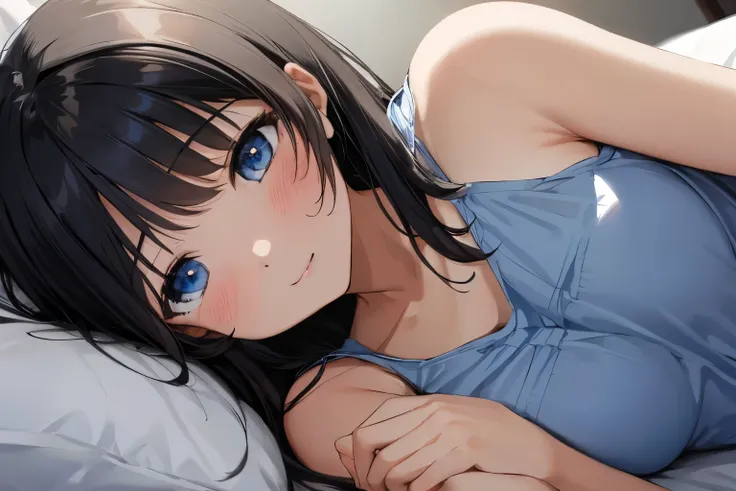 Masterpiece、highest quality、1 female、Super detailed Black Hair、bangs Blue Eyes、Detailed depiction of the eyes Smiling、blush Tank top Face is close、Facial Close-up、Bring your face closer Sheetsに横になる、Lie down with your shoulders open、Spread your shoulders、Pu...