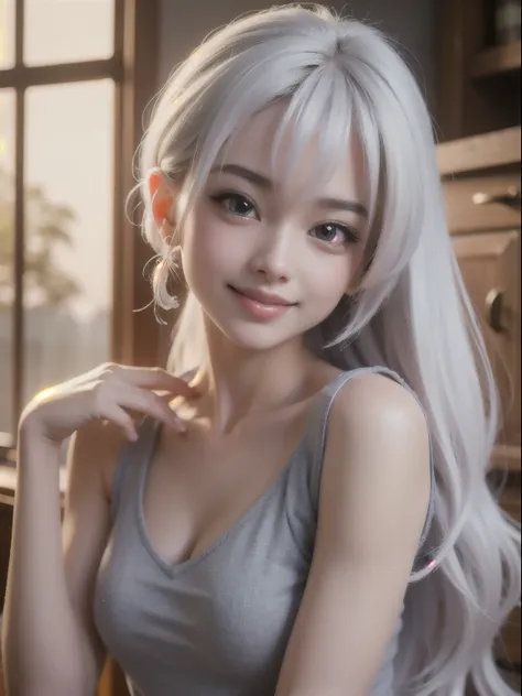 ((best quality)), ((masterpiece)), (detailed), perfect face. white hair. ponytail. anime girl. asian girl. ulzzang. pink eyes. n...