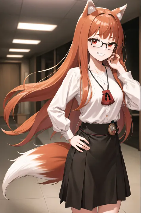 masterpiece, best quality, highres, 1girl, long hair, brown hair, animal ears, red eyes, wolf tail, necklace, (office uniform, white blouse, black skirt, reading glasses), sash, pouch, hand on hip, smile, grin, company office space, standing