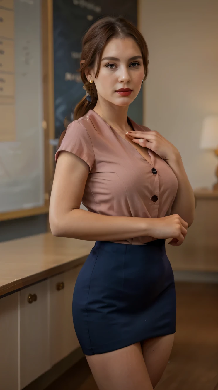A woman teacher, beautiful, cute, tenderness, pure confidence, big chest, long brown hair, short, squares her light brown eye, eyebrows, slim red lip, dresses in a dark pink shirt, buttons, short sleeves, arm and a navy blue skirt, wearing black heels, gol...