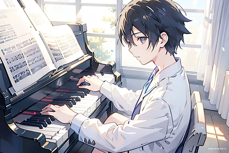 anime boy playing piano in the sunlight with headphones, ( ( makoto shinkai ) ), anime. soft lighting, pianist, makoto shinkai&#...