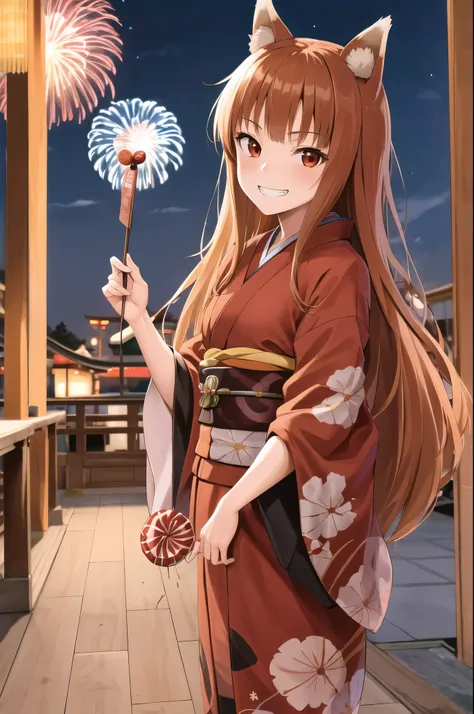 masterpiece, best quality, highres, 1girl, long hair, brown hair, animal ears, red eyes, wolf tail, necklace, (kimono), (holding candy on stick), sash, pouch, smile, grin, Tokyos festival, night city, fireworks, standing