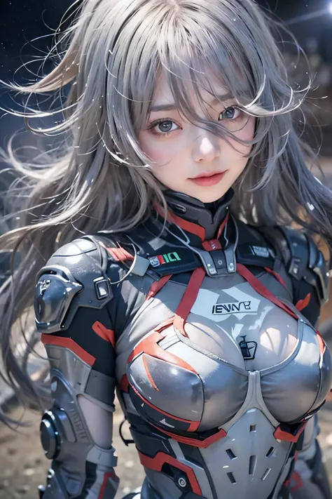 ((High angle shot))、(Close-up)、1 girl、Gray Hair、smile、See the view、highest quality、masterpiece、Ultra-high resolution、8k、(Realistic:1.5)、RAW Photos、Perfect body、Big Breasts、Black space suit、(In the Dark)、Deep Shadow、Evangelion、milky way、Milky Way、Many Stars...