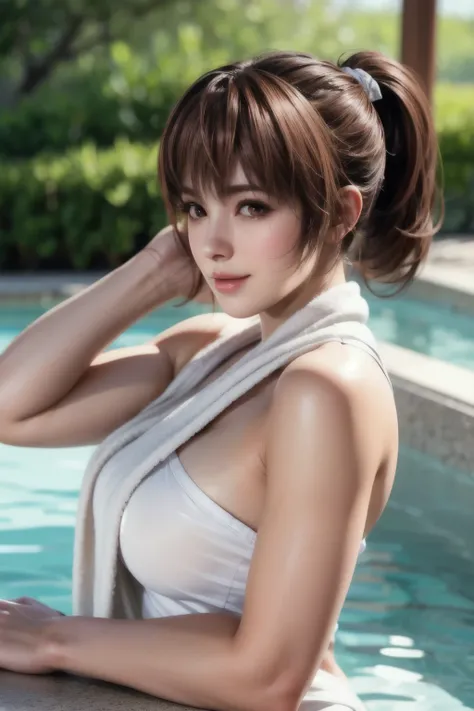 full body shot of kasumi, young face, brown hair, ponytail, cover yourself with a bath towel, take a bath in the open-air bath, ...