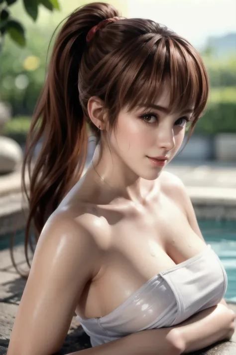 full body shot of kasumi, young face, brown hair, ponytail, cover yourself with a bath towel, take a bath in the open-air bath, ...