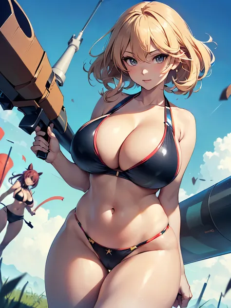 ((Seductive Anime Girl, solo:1.3))、((hero posing:1.4))、((dynamism:1.3))、((dynamic angle:1.5))、((Holding a big bazooka:1.6))、((Being in battle field:1.5))、((latex micro bikini:1.3 crop top:1.3))、((looking down at viewer))、((from below))、ultra-detailliert, T...